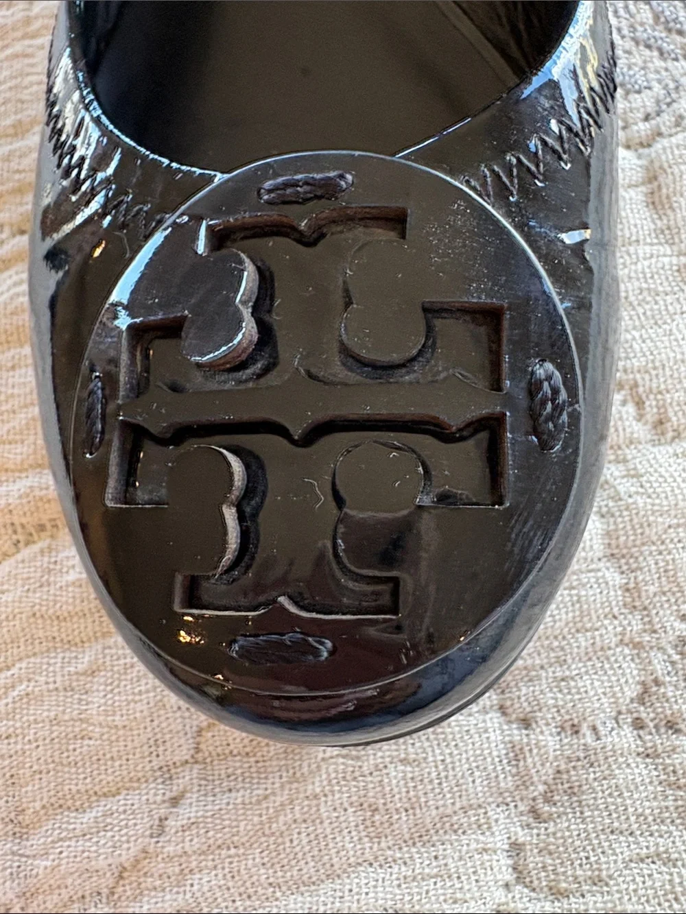 Tory Burch Black Patent Logo Block Heel Flats with Gold Heel Accent